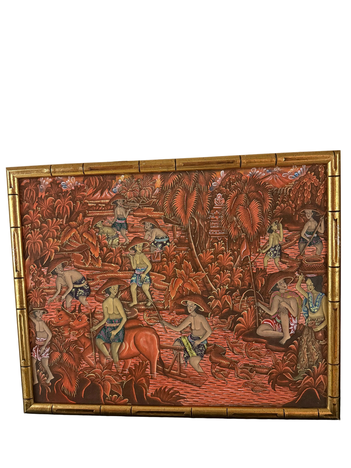 Balinese Painting in Gold Bamboo Frame