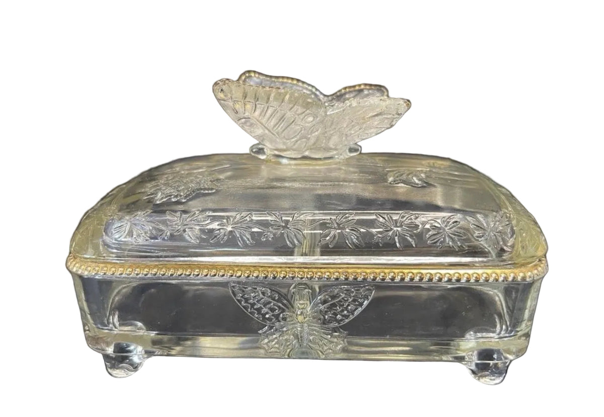 Glass Lidded Butterfly Cigarette Dresser Box