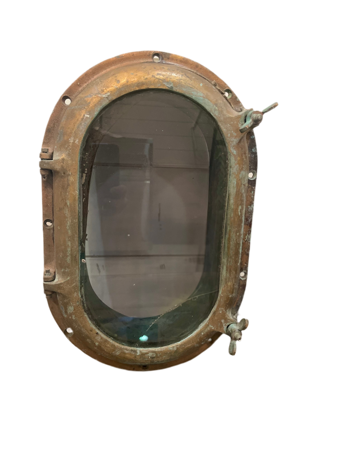 Vintage Unrestored Oval Brass Ship Porthole - 2 Dogs