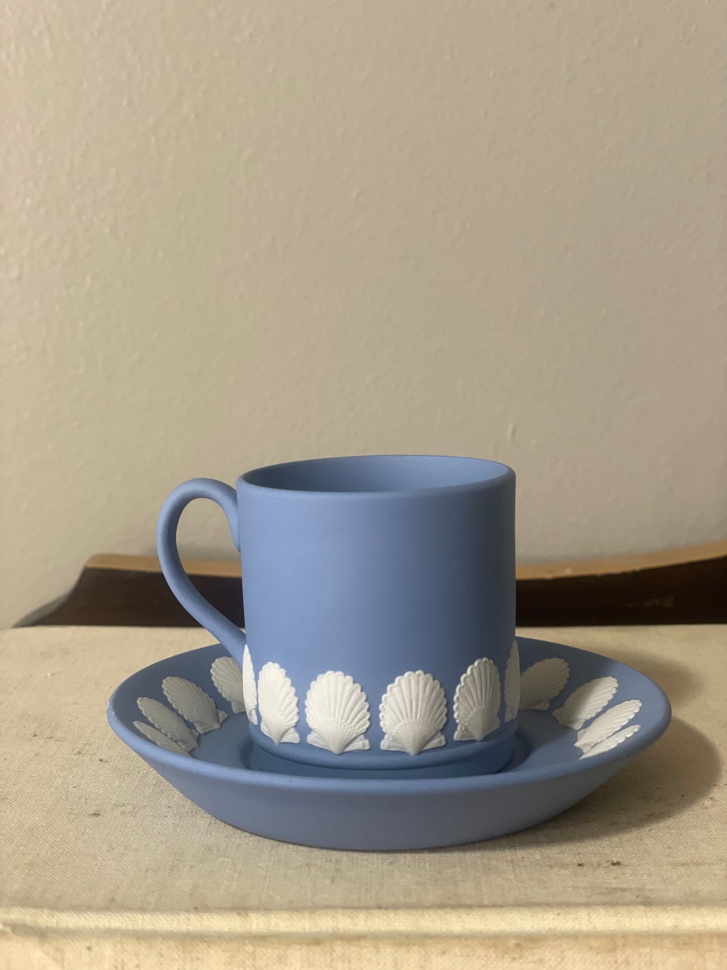 Wedgewood Blue w/ White Shell Tea Cup w/ Saucer