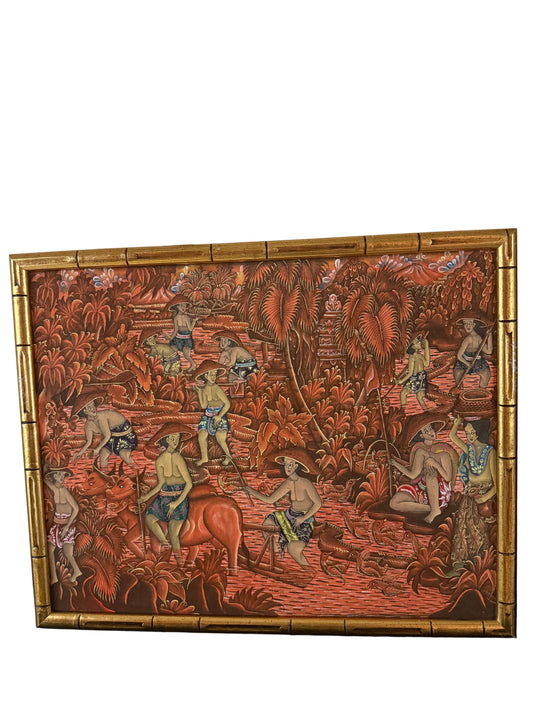Balinese Painting in Gold Bamboo Frame