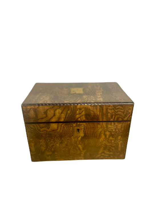 Antique Burled Wood Tea Caddy w/ Brass Engraved Plates