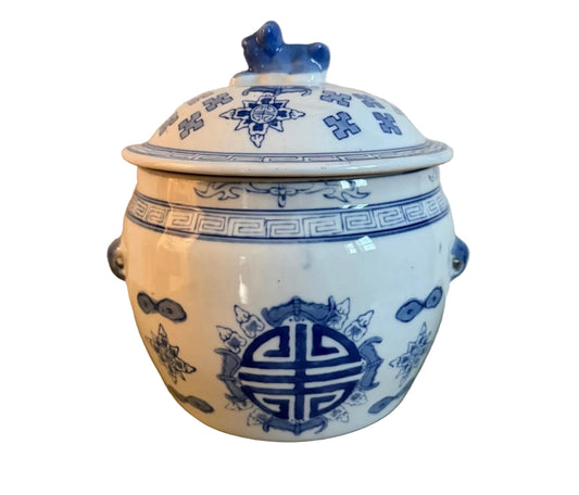 Blue and White Ginger Jar with Food Dog Lid - Sign