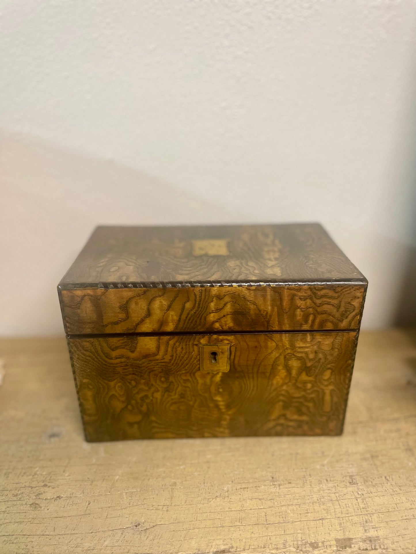 Antique Burled Wood Tea Caddy w/ Brass Engraved Plates