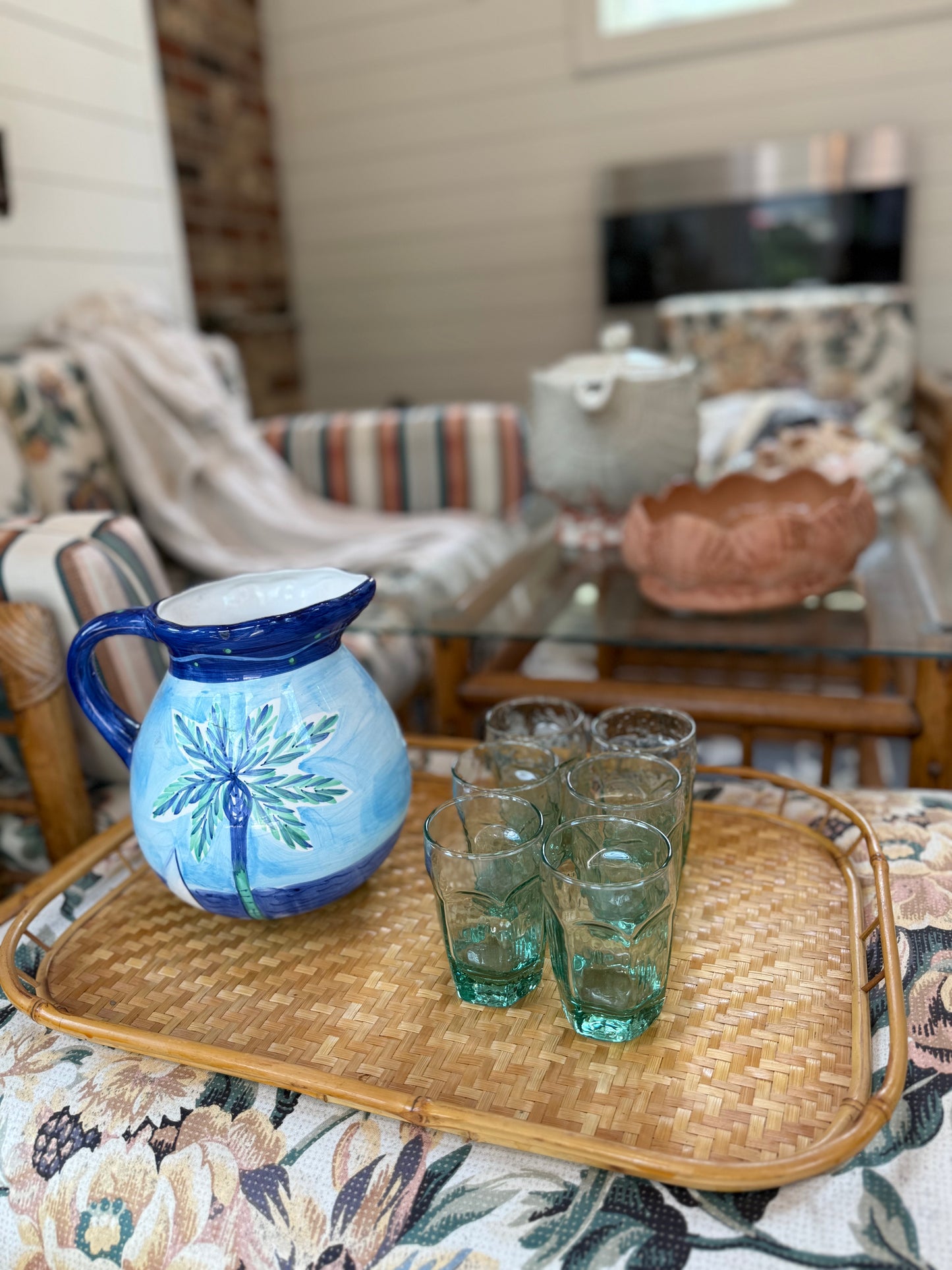 Palm Tree Ceramic Pitcher w/ 6 Glasses