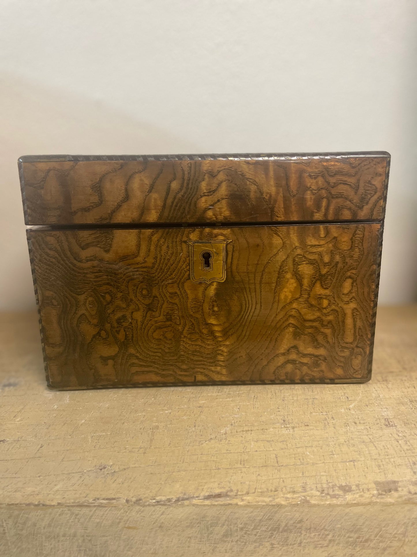 Antique Burled Wood Tea Caddy w/ Brass Engraved Plates