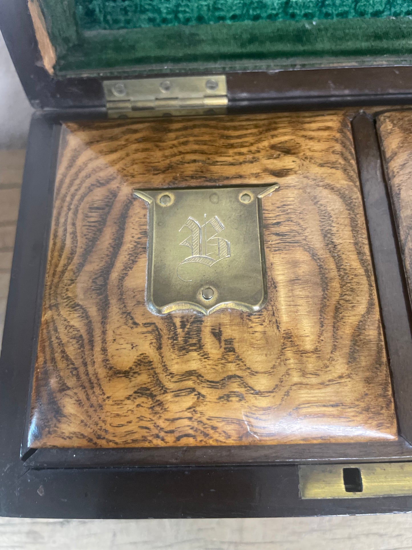 Antique Burled Wood Tea Caddy w/ Brass Engraved Plates