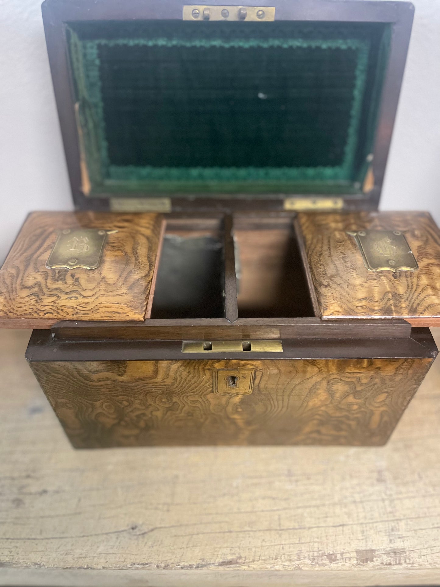 Antique Burled Wood Tea Caddy w/ Brass Engraved Plates