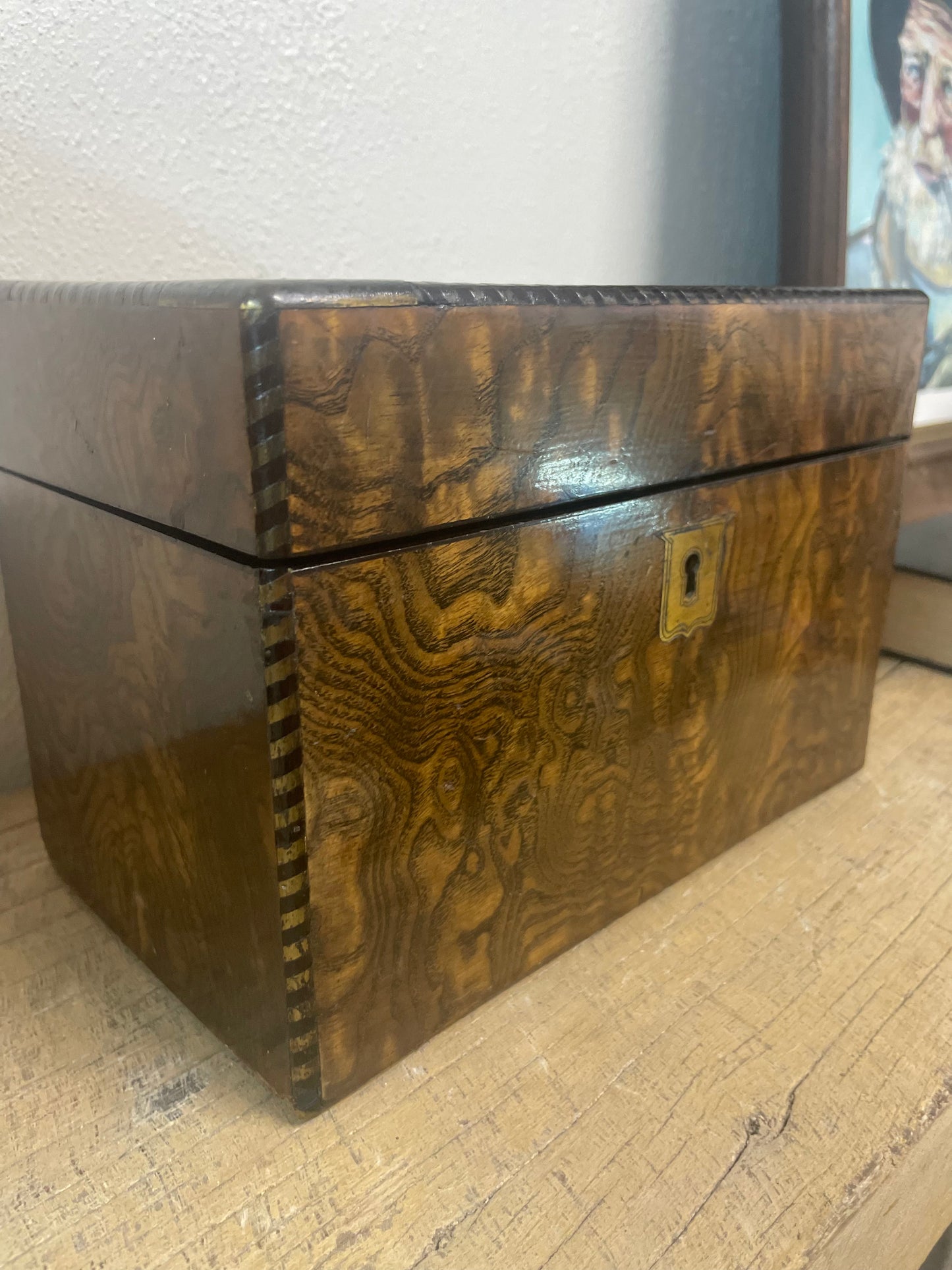 Antique Burled Wood Tea Caddy w/ Brass Engraved Plates